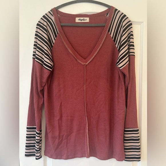 NWOT Haptics Mauve & Black Banded Stripe Ribbed Top With Thumbholes - Picture 2 of 6